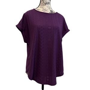 Women's Eyelet Purple Round Neck Relaxed Fit Short Sleeve Large Blouse Top